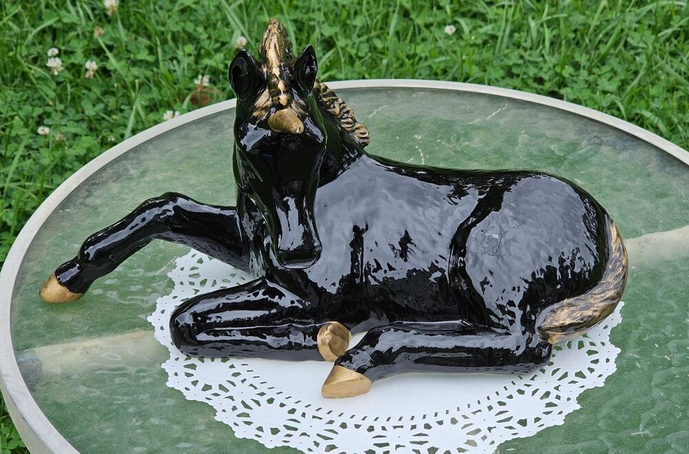 Vintage Black and Gold Ceramic Reclining Unicorn Figurine Scioto Mold Large 1980